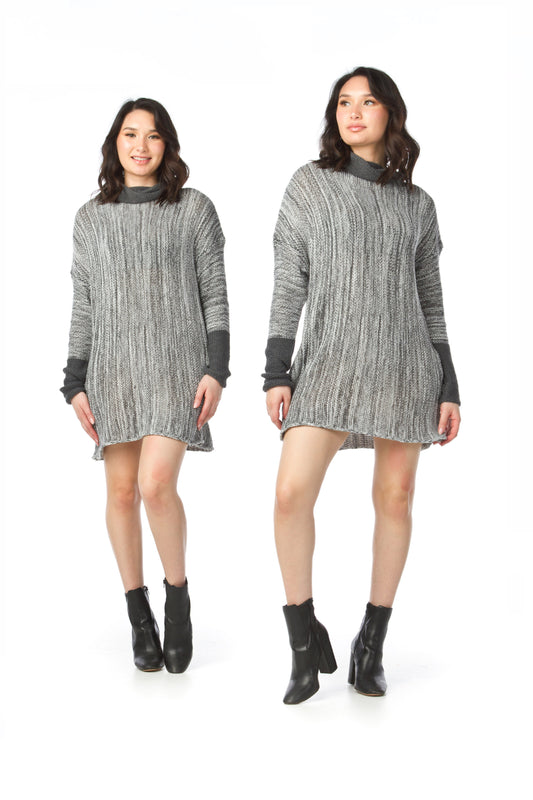 SD11419 BLKWH Heathered Knit Sweater Dress  with Thumb Holes