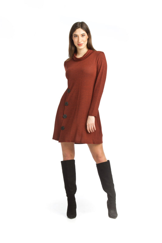SD11439 RUST Knit Cowl Neck Sweater Dress with Button Detail