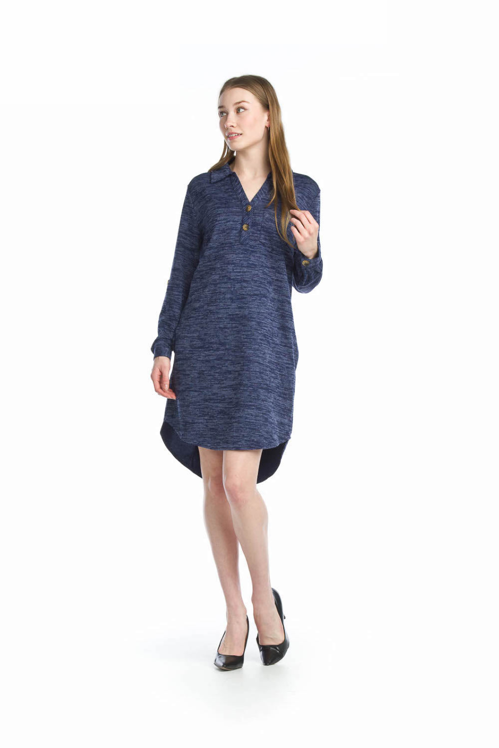 SD13413 NAVY Heathered Polo Henley Sweater Dress w Pockets