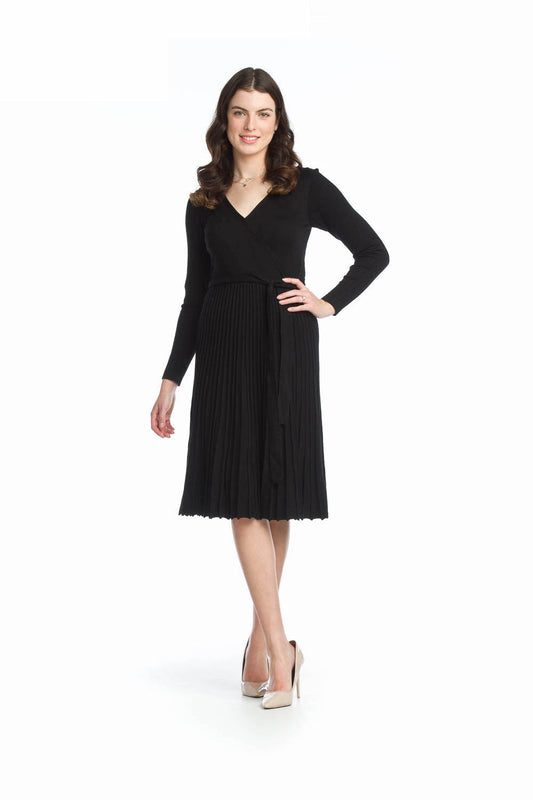 SD13430 BLACK Wrap Top Sweater Dress with Ribbed Skirt