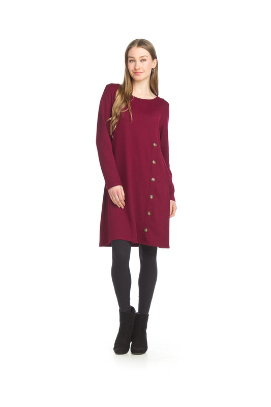 SD15406 WINE Button Front Brushed Sweater Dress