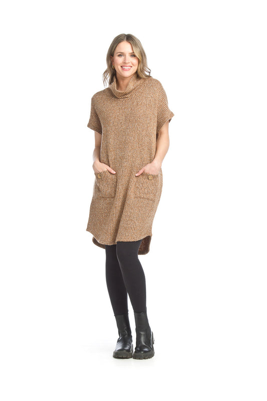 SD15407 MOCHA Heathered Short Sleeve Sweater Dress with Pockets