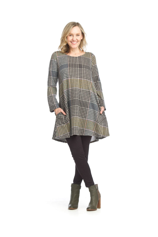 SD15419 GREY Brushed Plaid Aline Sweater Dress with Pockets