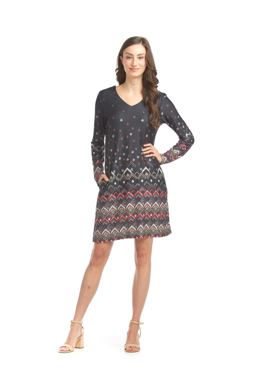 SD17410 BLACK Border rain fall geo print sweater dress