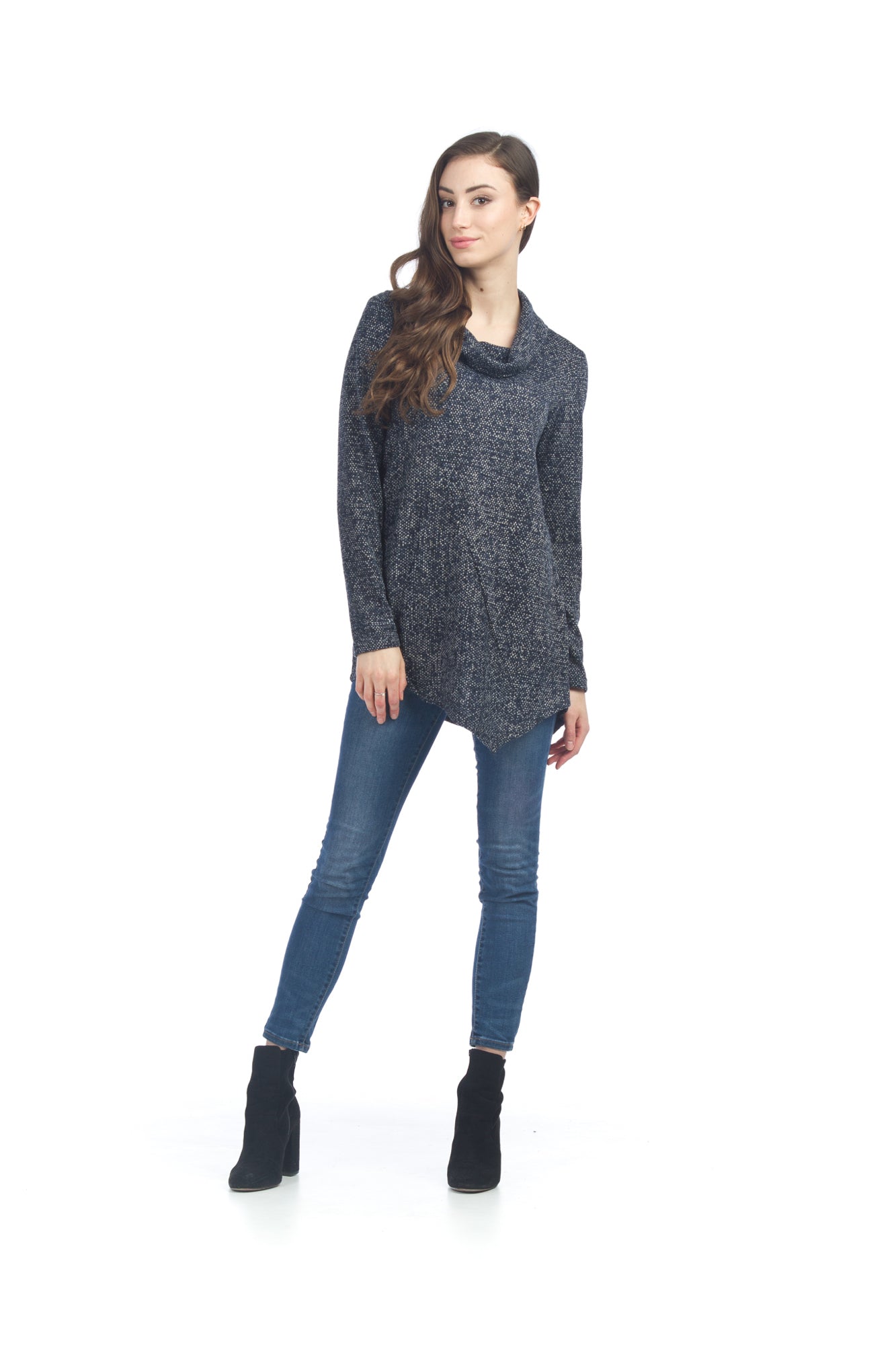 ST06253 NAVY Tweed Angle Hem Sweater Top with Cowl Neck