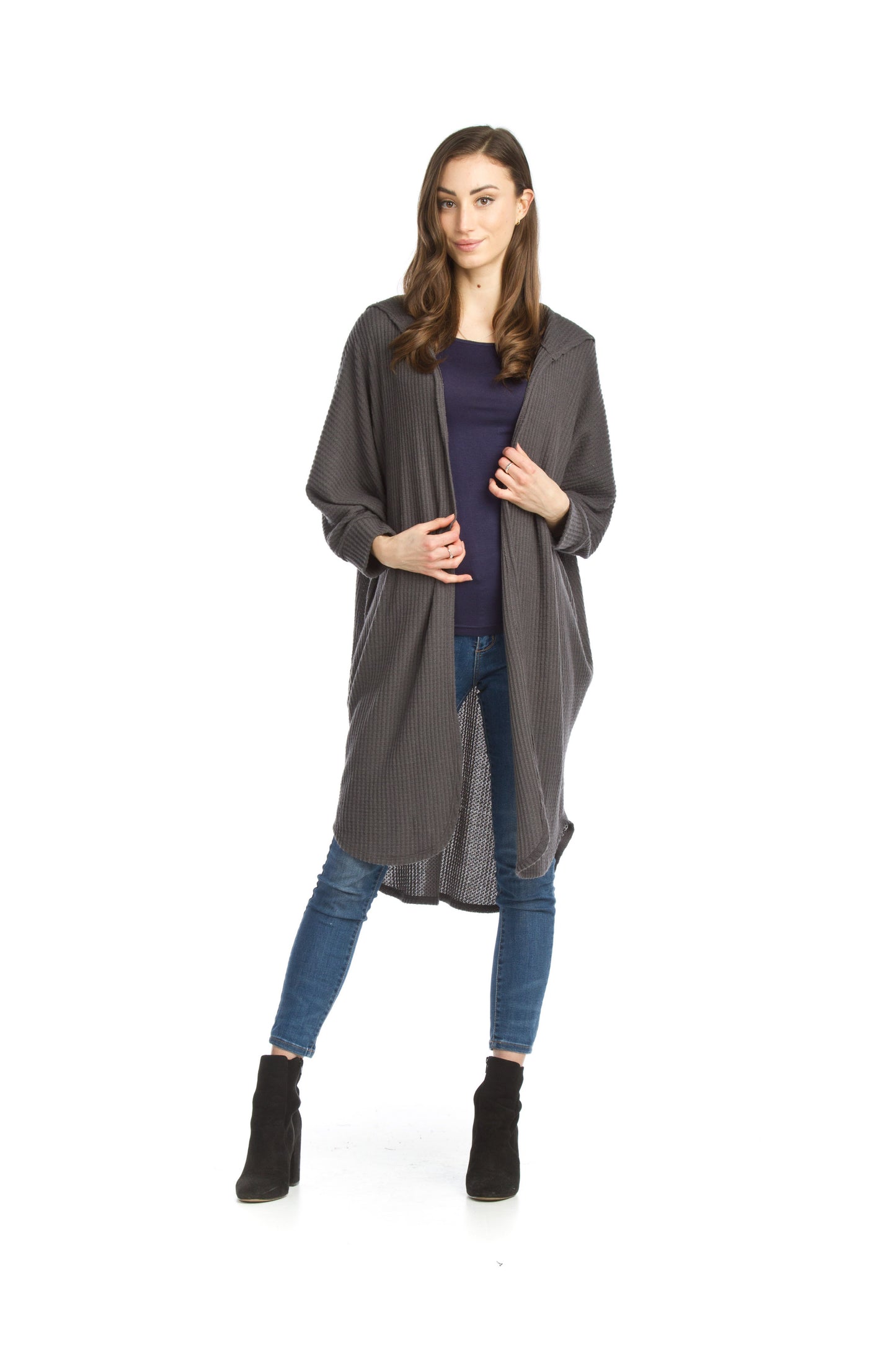 ST06272 CHARC Waffle Knit Hooded Cardigan
