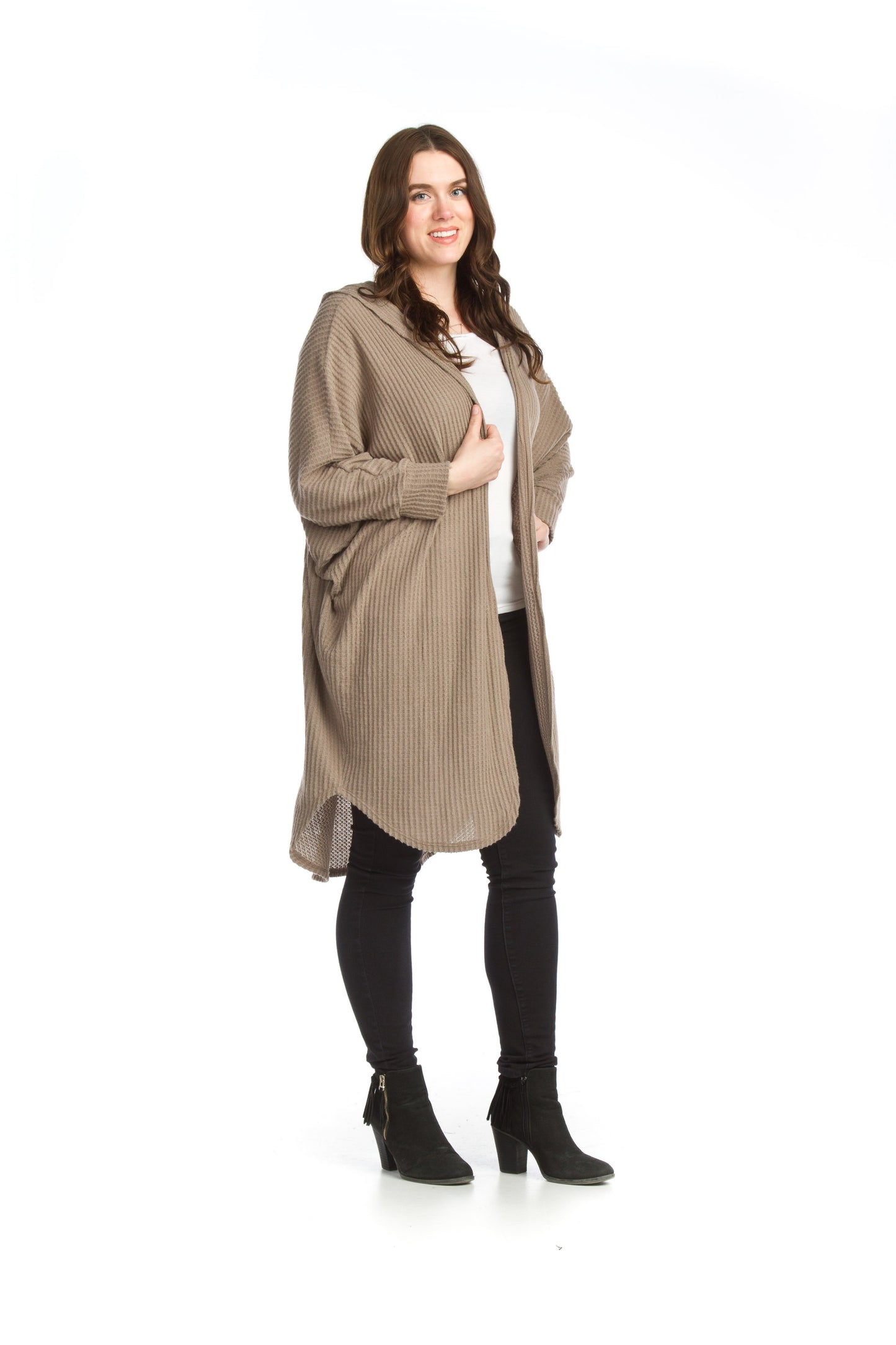 ST06272 MOCHA Waffle Knit Hooded Cardigan
