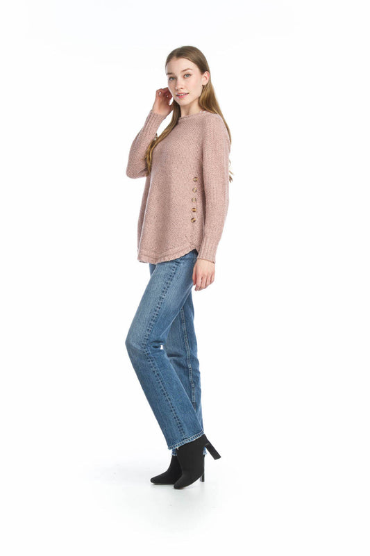 ST11287 PINK Knit Shirt Hem Sweater with Side Button Deatil