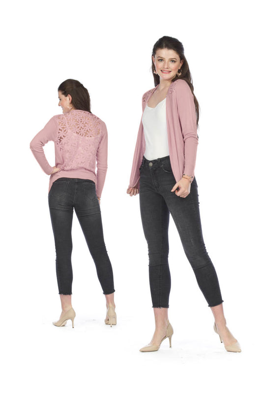 ST1302 ROSE Lace Back Long Sleeved Waterfall Cardigan