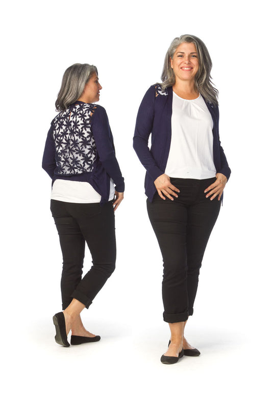 ST1302 NAVY Lace Back Long Sleeved Waterfall Cardigan