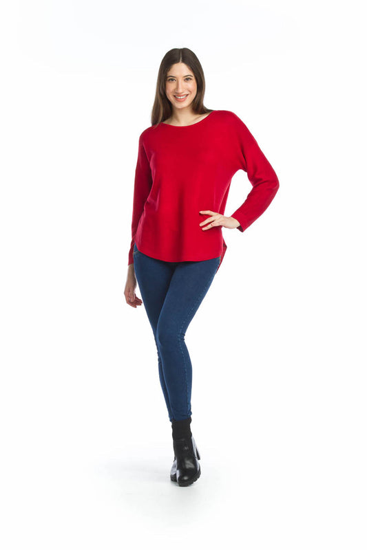 ST13205 RED Shirt Hem Sweater
