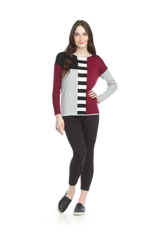 ST15252 BURGN Color Blocked Knit Sweater