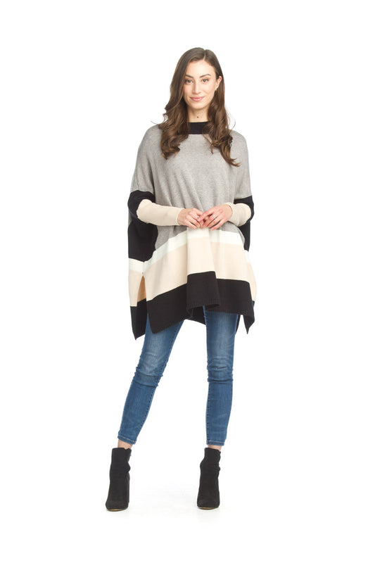 ST15272 GREY Color Blocked Sleeved Poncho Style Sweater