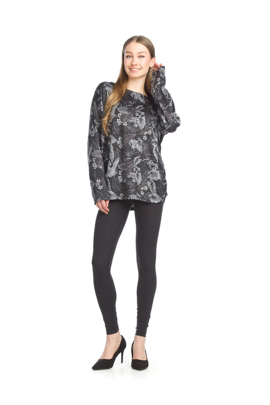 ST15274 BLACK Floral Sweater with Ruched Sides