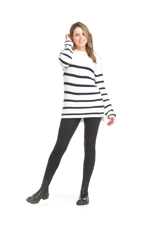 ST15276 WHTNV Knit Striped Sweater with Button Detail
