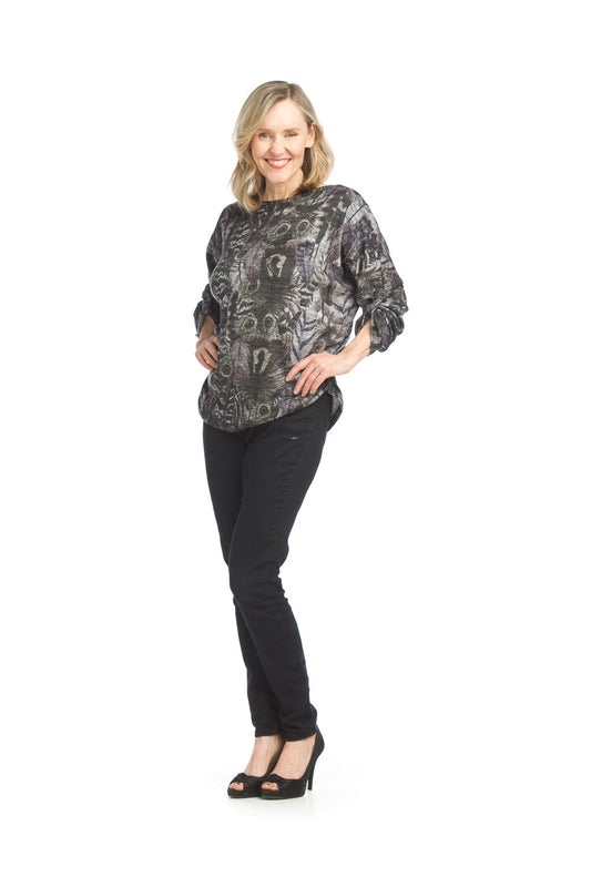 ST15287 BLACK Peacock Printed Sweater with Ruched Sides