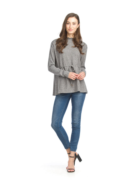 ST15293 GREY Ribbed Sweater with Drawstring Details