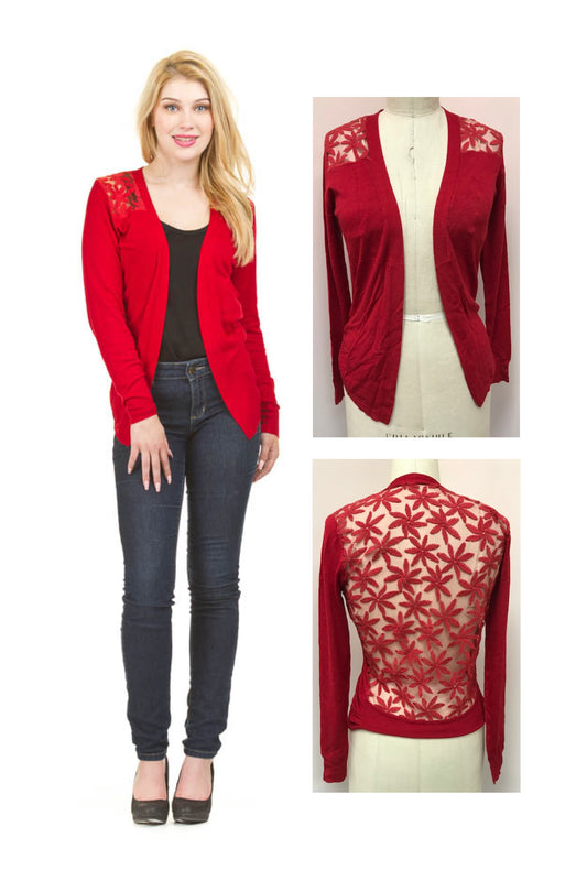 ST1302 RED Lace Back Long Sleeved Waterfall Cardigan
