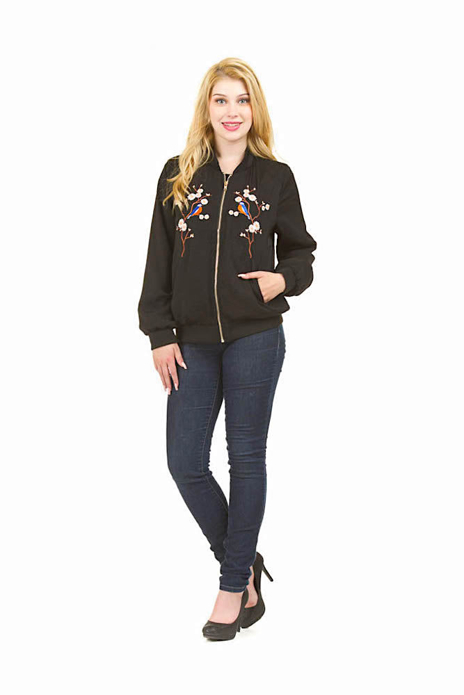 JT01702 BLACK Bird Embroidery Bomber Jacket