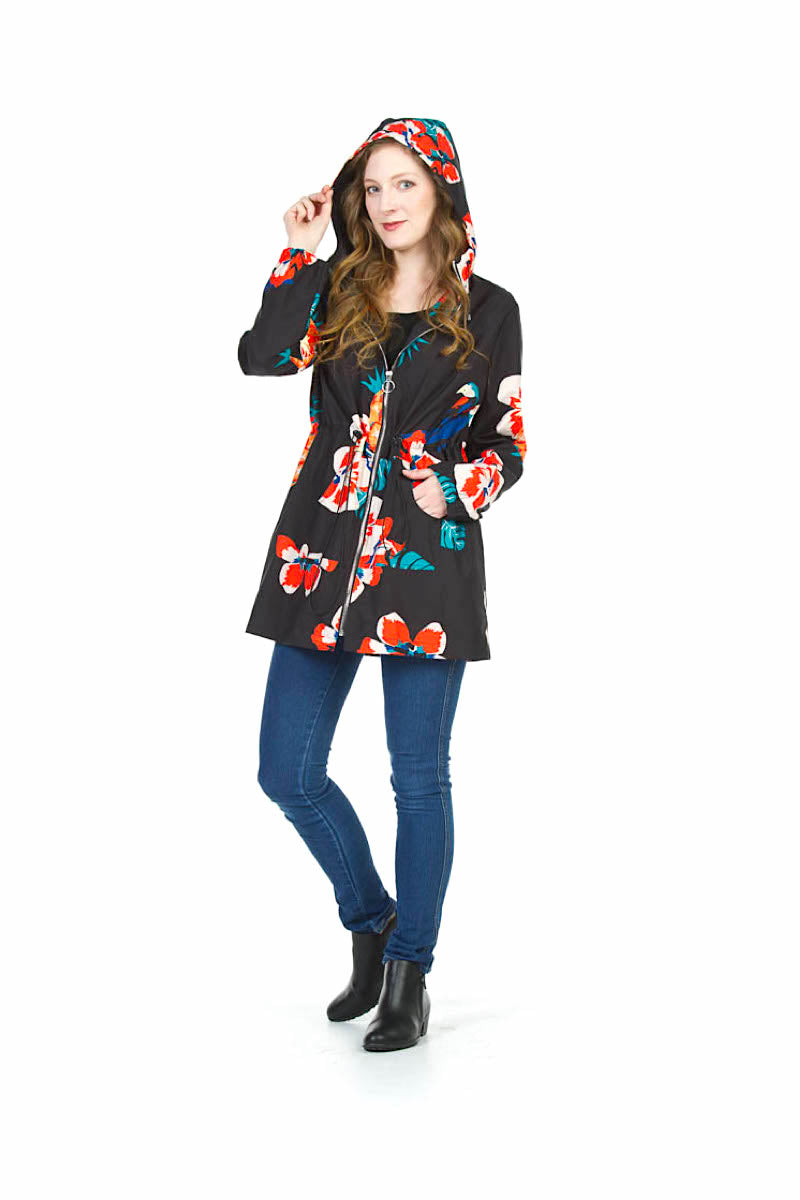 JT01705 BLACK Floral Raincoat with Drawstring Waist