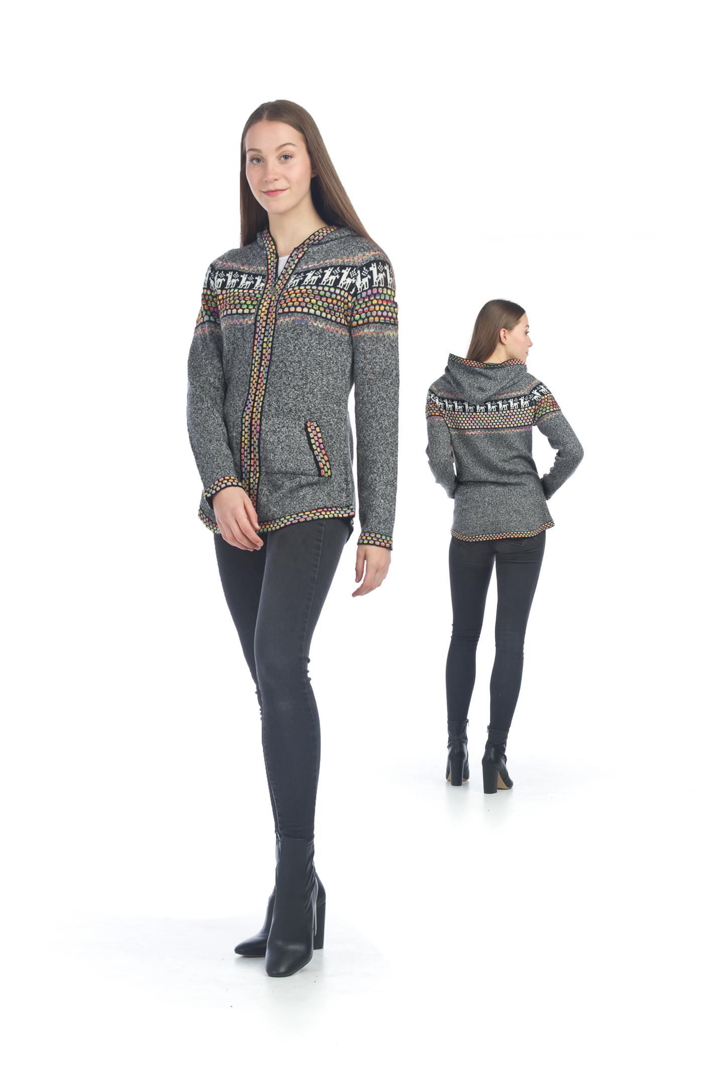 JT02727 GREY Soft Fairisle Zip-Up Jacket with Colorful Trim