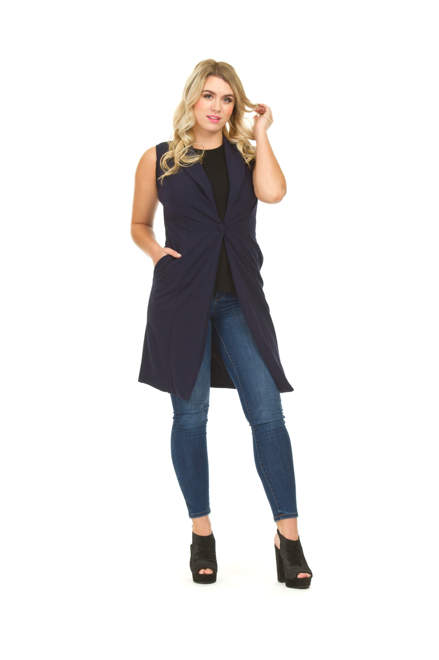 JT03754 NAVY Solid Sleeveless Vest Jacket