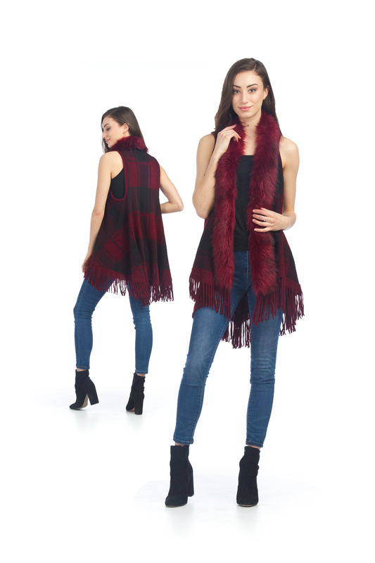 JT06744 BURGN Plaid Vest with Fur Neck and Fringe Hem