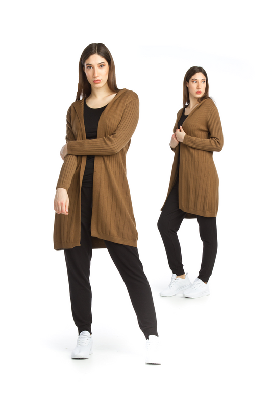 JT11714 BROWN Ribbed Hooded Sweater Jacket