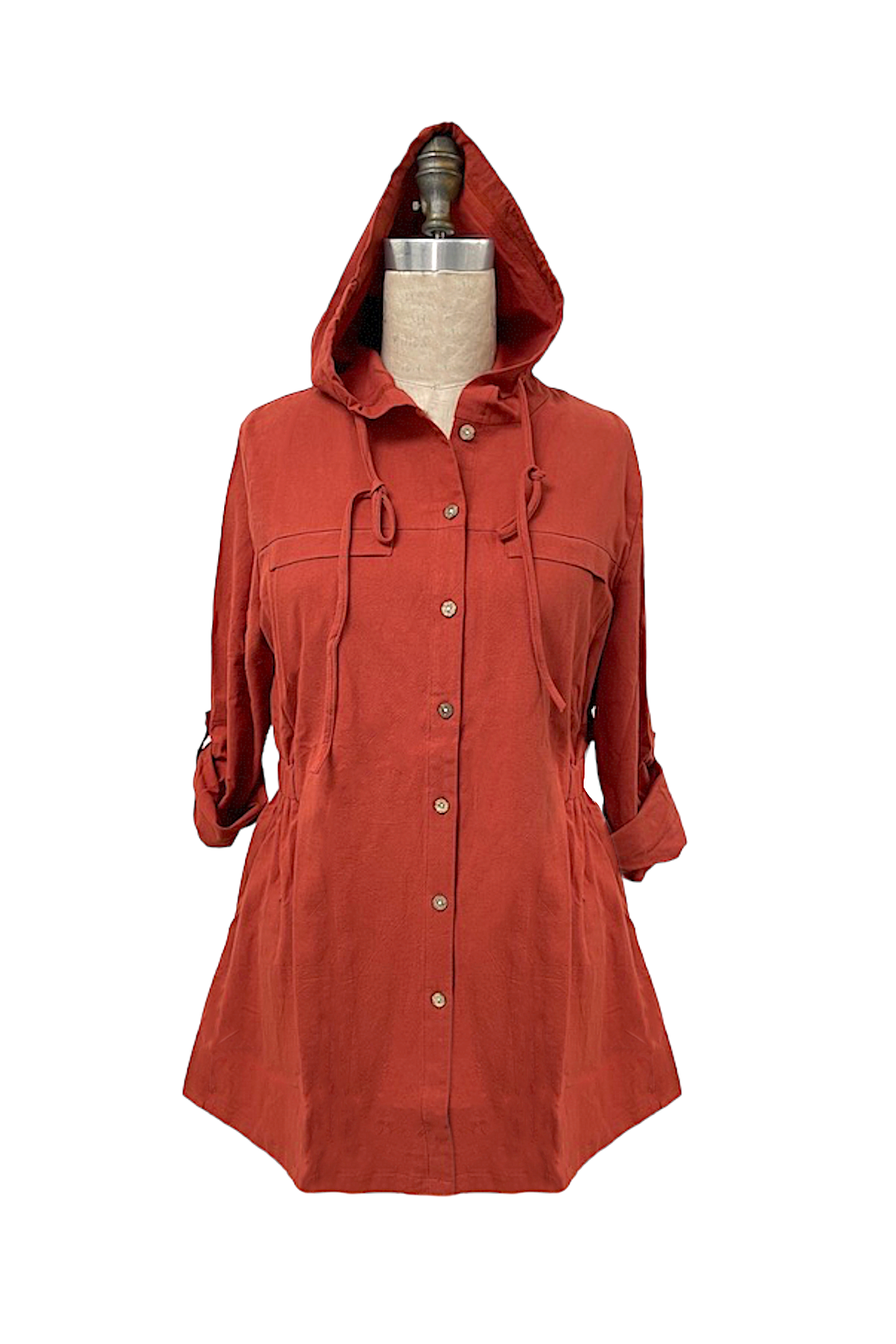 JT12703 RUST Lightweight Button Front Hooded Top