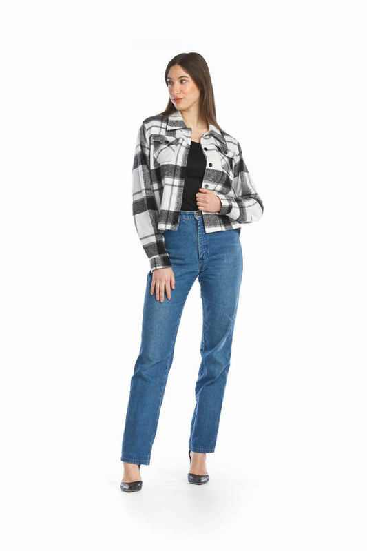 JT13706 BLKWH Plaid Cropped Utility Jacket with Patch Pockets