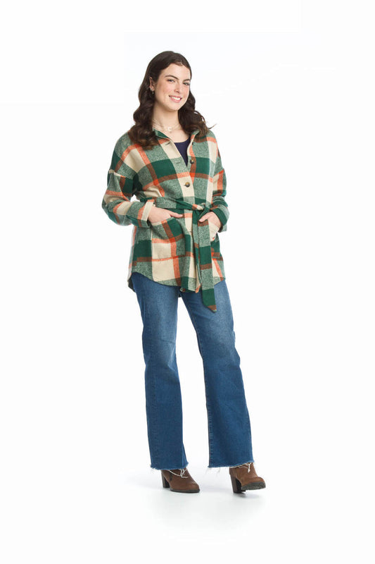 JT13711 GREEN Belted Plaid Jacket with Patch Pockets