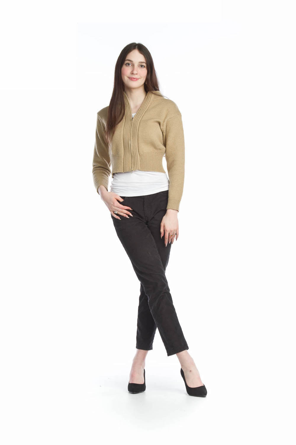 JT13713 TAUPE Zip Cropped Jacket with Ribbing Detail