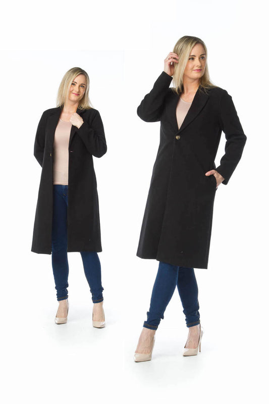 JT13751 BLACK Lapel Single Breasted Coat with Pockets