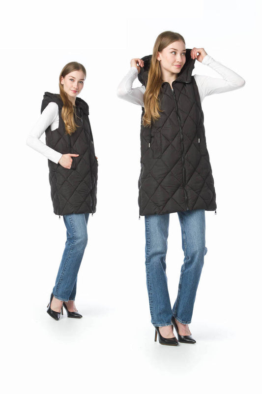 JT13752 BLACK Puffer Hooded Vest with Side Zip Detail