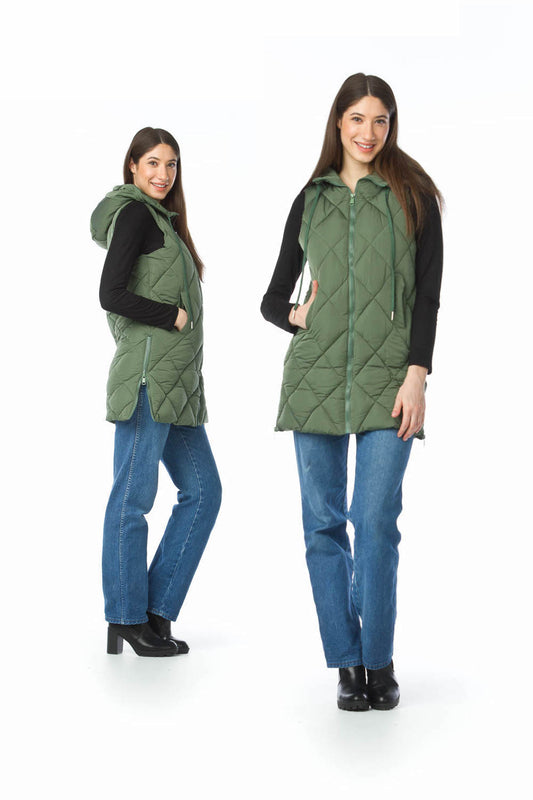 JT13752 KHAKI Puffer Hooded Vest with Side Zip Detail