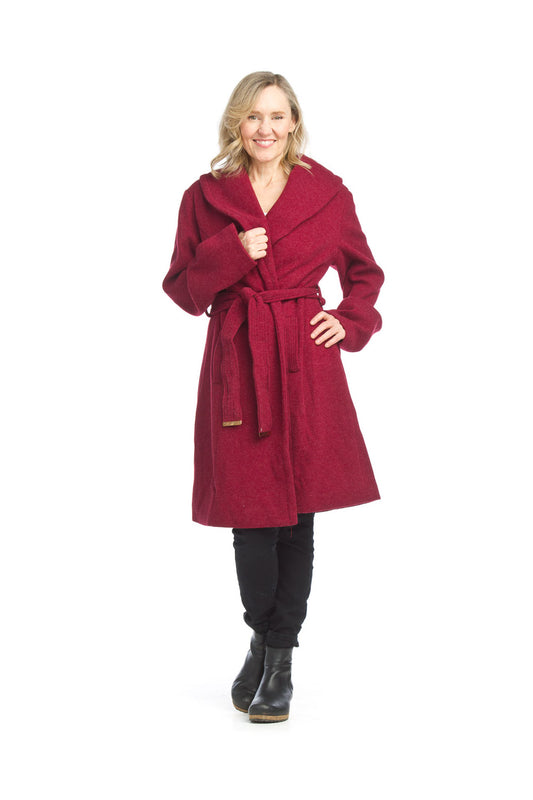 JT15705 BURGN Lapel Belted Coat with Pockets