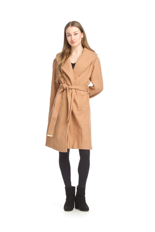 JT15705 CAMEL Lapel Belted Coat with Pockets