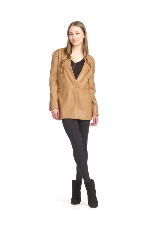 JT15727 BROWN Faux Leather Blazer with Pockets