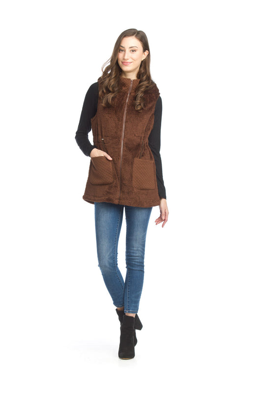 JT15731 BROWN Fur Hooded Vest with Quilted Pockets