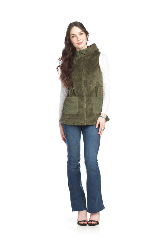 JT15731 KHAKI Fur Hooded Vest with Quilted Pockets