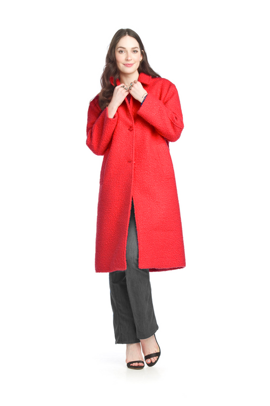 JT15740 RED Boucle Lapel Coat with Pockets