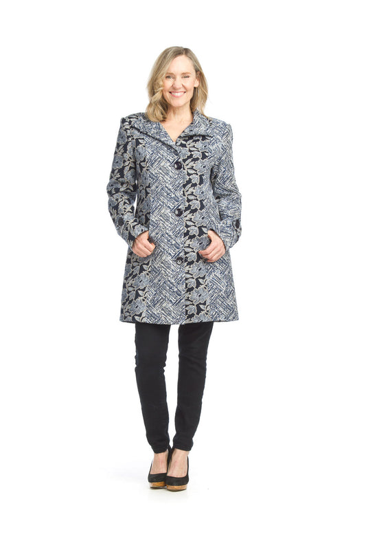 JT15742 NAVY Tapestry Collared Coat with Pockets