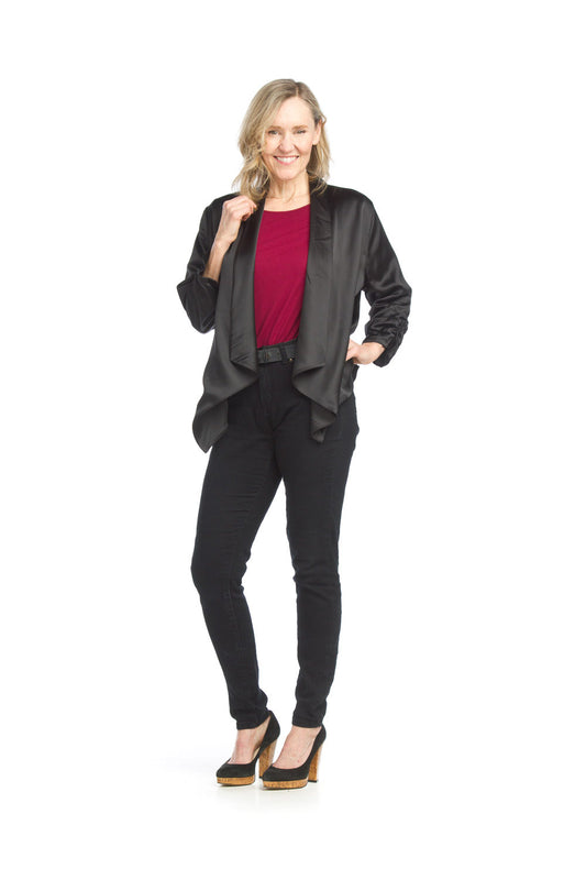 JT15751 BLACK Satin Blazer with Ruched Sleeves
