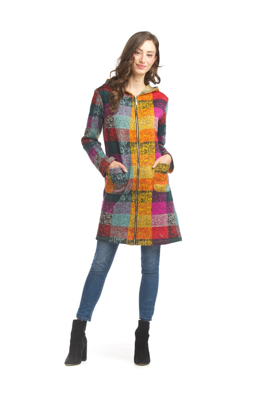 JT17708 MULTI Knitted Multicolor Plaid Jacket with Zip & Pockets