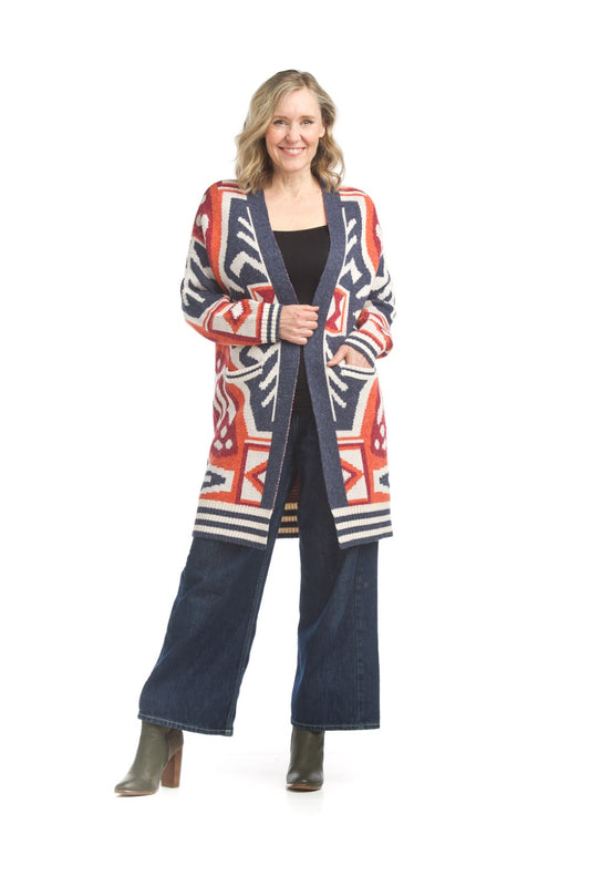 JT17712 NAVY Knitted Multicolor Geo Print Jacket with Pockets