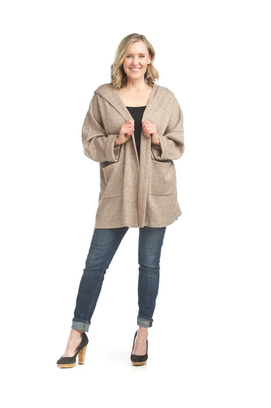 JT17724 MOCHA Heathered Hooded sweater jacket with patch pockets