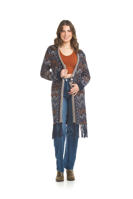 JT17727 NAVY Global Print Cardigan with tassels