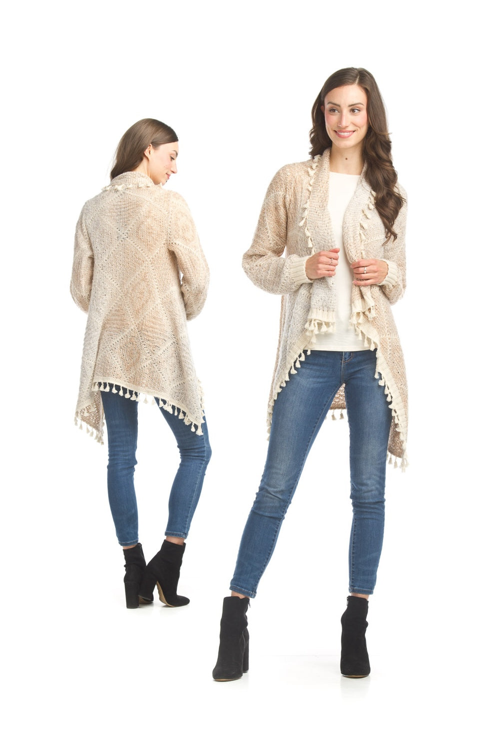 JT17729 BEIGE Diamond print open cardigan with short tassels