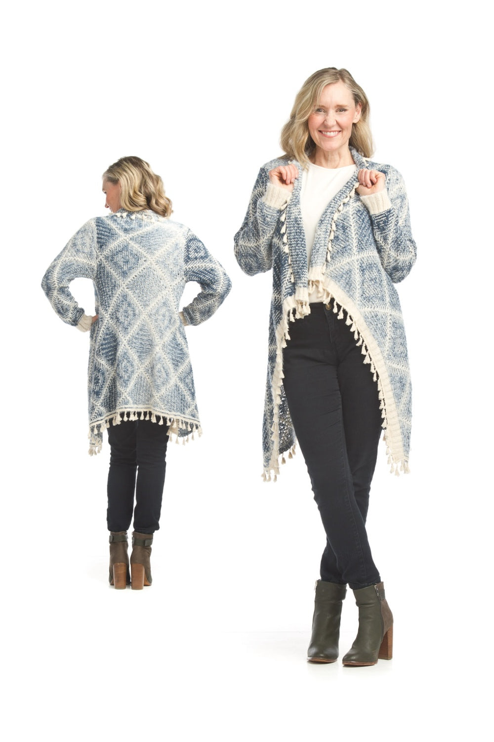 JT17729 BLUE Diamond print open cardigan with short tassels