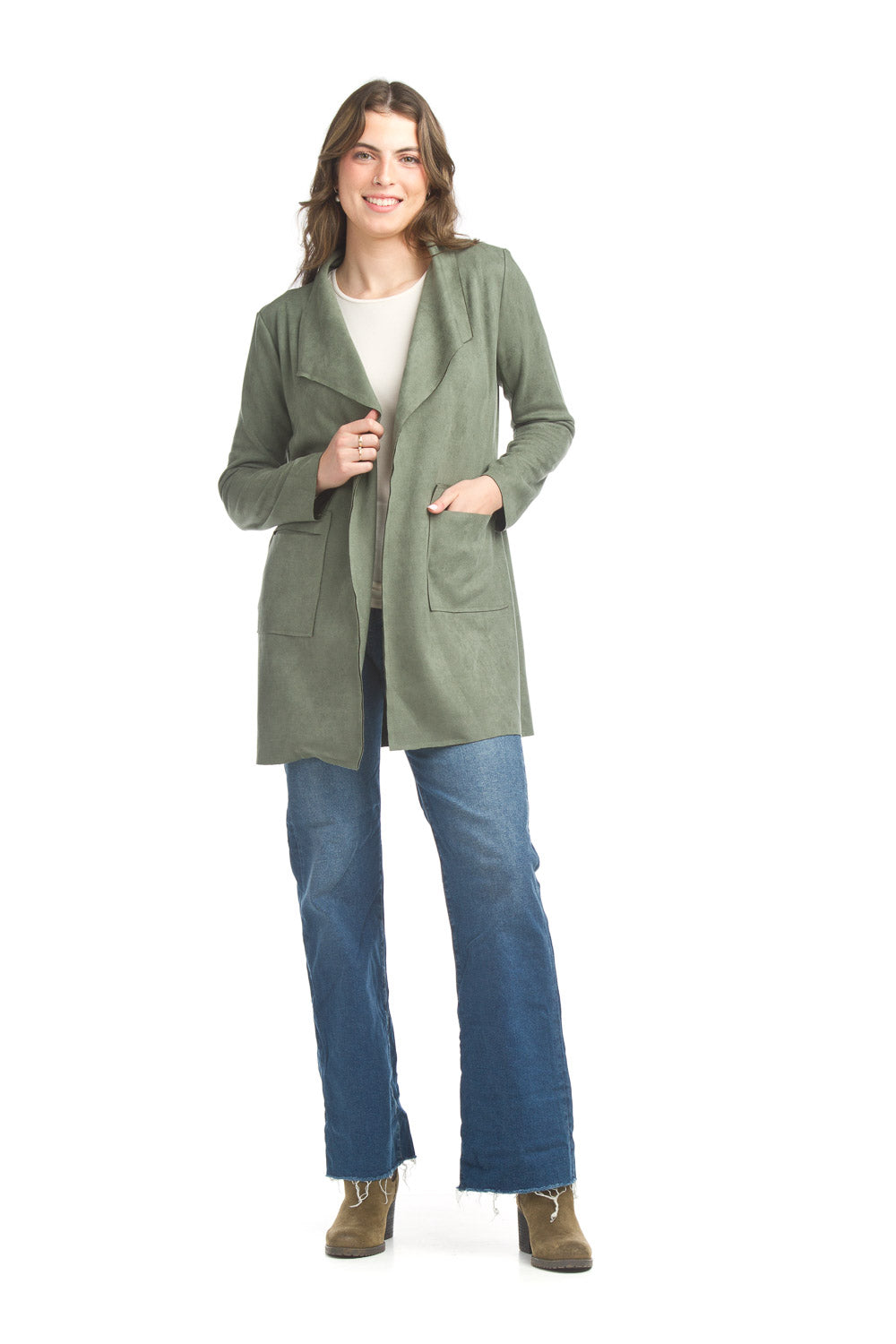 JT17734 GREEN Faux Suede Drape Jacket with Patch Pockets